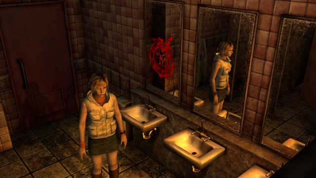 Heather, the game's protagonist, is a young blonde white woman in a puffy west, denim skirt and knee-high boots. She is standing in a rather dirty public bathroom, with one of the mirrors reflecting her.
