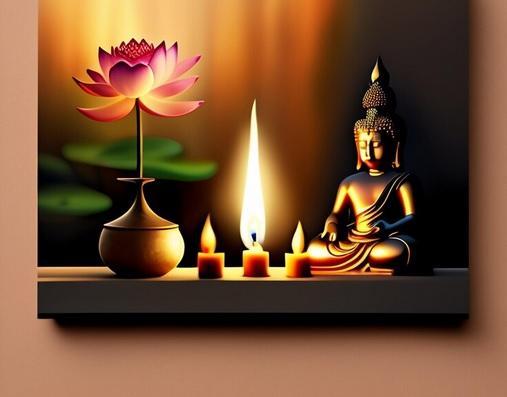 A single pink lotus in bloom and three short lighted candles before a gold sitting Buddha statue