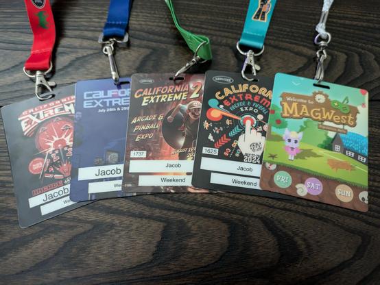 Badges from California Extreme in 2019, 2022, 2023, and 2024. One badge from MAGWest 2019.