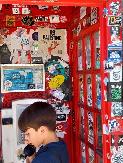 A young man is using the phone in a phone box. In the background is a free Palestine poster.