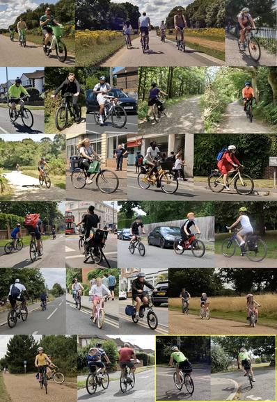 Regular weekly panel showing pictures of the wide variety of people seen cycling in the North Surrey/SW London area this time during the 1st week of August 2024  including

Three people on Lime Bikes - Richmond Park
Two couples riding In opposite directions amid acres of ragwort  -Richmond Park
A woman on cycleway 28, Kingston
A man with GoPro perched atop his helmet - somewhere in Metroland
A man in the Hogsmill Open Space
A man in Chessington
A women wheeling her bike uphill on a forestry track - she’d been riding up pretty fast when I first spotted her in the distance (me: challenge accepted!) so I was surprised when she dismounted.
A man on a bridleway
Two women on a bridleway
A woman in Kingston
Ditto
A woman in Thames Ditton 
A man and two kids in Esher
A man on an e-bike festooned with flags with green, yellow and red horizontal stripes. At least one was the old Ethiopian flag, but  not sure about the others, though definitely not the latest one. 
Two kids in Weybridge
A woman on the Thames Path in Walton-on-Thames
A man and kid on cycleway 28, Kingston
A woman and kid, Kingston
A man on what looks like a folding e-bike, Kingston
A man and two kids, Bushy Park
Three people on the Thames Path, North Kingston
Two men in Thames Ditton
Two photos of the same woman, seen a few minutes apart, proving my route was less efficient (i.e. I was riding 1.2x faster)