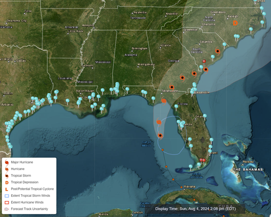 Interactive Map of the South Eastern US highlighting Tropical Storm Debbie projected path with NOS Station pins which identify various coastal measurements. For example:
Cedar Key, FL (8727520)
Present Water Level	2024-08-04                         02:06 PM	1.74
Latest Wind Speed (kts)	2024-08-04                 02:00 PM	19.1
Latest Barometric Pressure (mb)	2024-08-04 02:00 PM	1010.1
Next High Tide	2024-08-04                                 02:10 PM	0.36
Highest Tomorrow	2024-08-05                         02:53 PM	0.3
https://tidesandcurrents.noaa.gov/inundationdb/