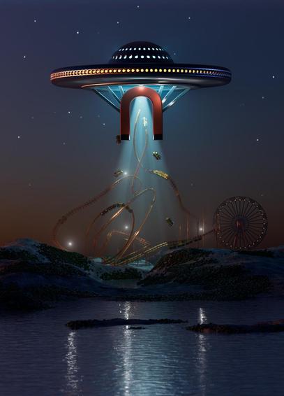 A UFO uses a giant magnet to hijack an amusement park.