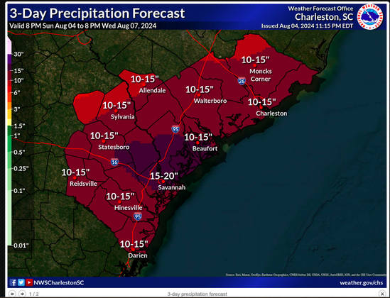 3 day precipitation forecast for coastal South Carolina counties show rainfall totals of 10 to 15 inches
