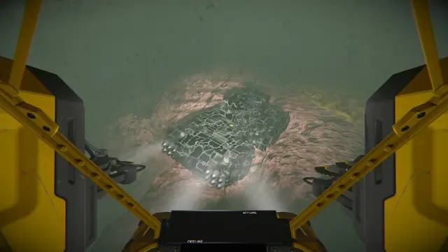 A screenshot from Space Engineers. The player character is flying a yellow utility craft. It's raining outside, but the spotlights below the cockpit illuminate a wrecked tank embedded into the mountainside. The main gun of the tank has been blown away, and there is a deep gash on it's side. Instead of tank tracks, the tank is powered by atmospheric thrusters. The tank's own spotlights are still on, suggesting that it's not yet fully disabled.