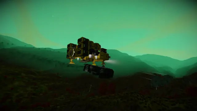 A screenshot from Space Engineers. A yellow utility craft is flying in a foggy morning. It's carrying the wreckage of a tank.