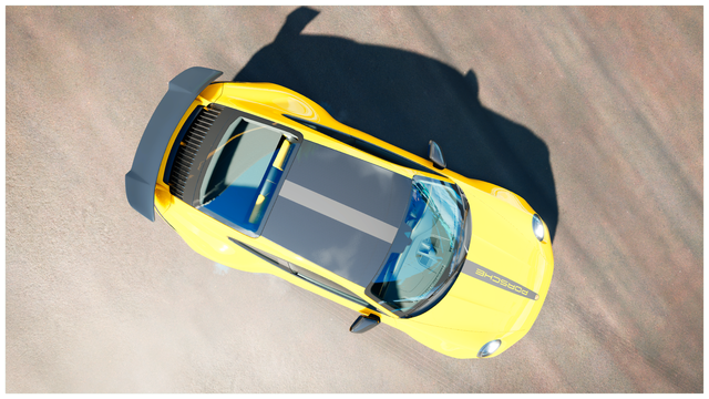 A yellow 911 Porsche seen from above.