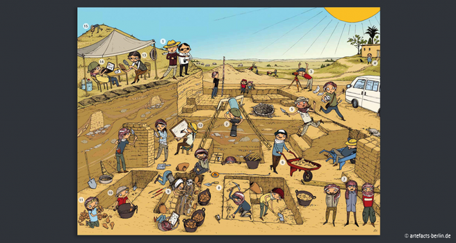 Graphic illustration of an excavation in Syria. Different persons doing various jobs typical for an archaeological excavation. © artefacts-berlin.de