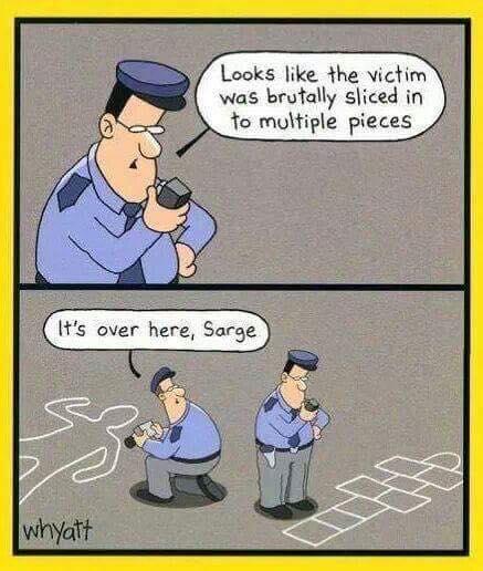 Two police officers are investigating a crime scene in the streets.
One talks to his recorder and says 'Looks like the victim was brutally sliced in to multiple pieces'. The other officer replies 'It's over here, Serge'. He is nearby the chalk marks of a dead body. Serge is looking at a chalked child's play. (Hopscotch)
