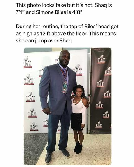 Screenshot of a post contains a photo of Shaquille Rashaun O'Neal (left) and Simone Arianne Biles Owens (right) standing together. Reads, 