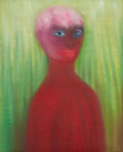 Pastel and watercolor work in a soft, blurred out style of a red-maroon figure's head and upper body, with a fuzzy pink and white upper head, against a bright green background