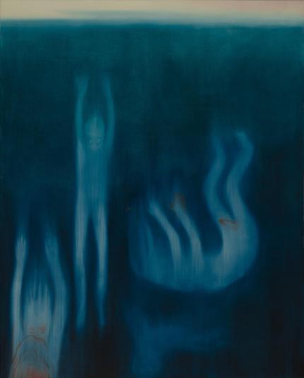 Painting in a soft, blurred out style of a group of pale nude figures floating and falling within dark, deep water