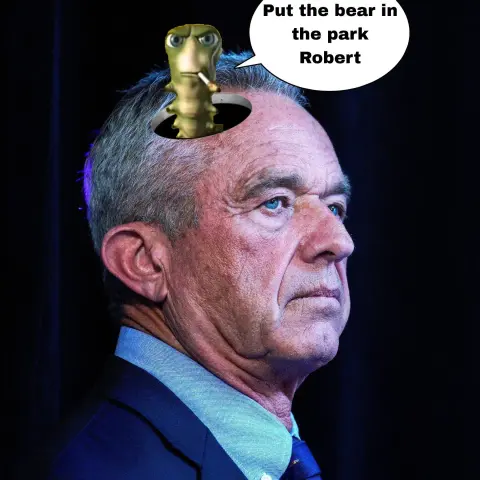 A composite image of RFK Jr., a 60 year old white man with gray hair, looking off to the left. His head has a cartoonish hole in it and a low-resolution angry-looking worm is sticking out of the hole. A speech bubble coming out of the worm reads, 