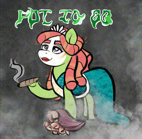 Tree Hugger from My Little Pony dressed up like Chappell Roan smoking weed. 
