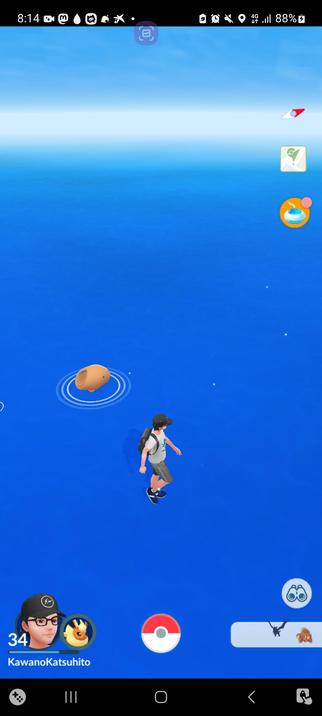 Captura de pantalla del Pokemon GO en mi móvil, durante el trayecto en el ferry a Himeji.

Como estamos en el mar, el juego muestra tanto a  mi personaje como a los Pokemon en medio de una superficie de agua.