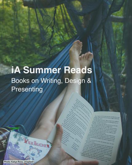 Background picture of a woman reading in a hammock in a forest in summer with the title: iA Summer Reads, Books on Writing, Design, and Presenting.
