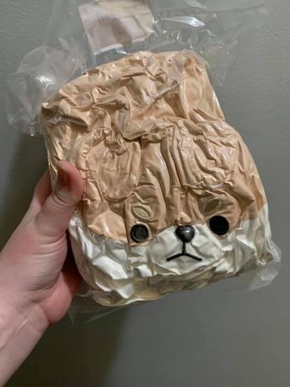 A shiba inu plush vacuum packed into a wrinkly little rectangle. You can see his face with his angry little eyebrows.