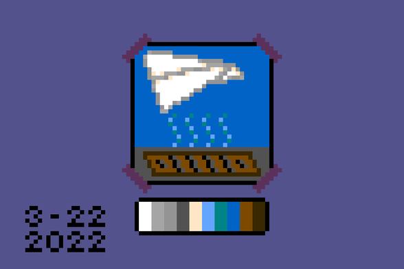 Pixel art of a paper airplane floating above a vent, the first time I tried to do this two years ago