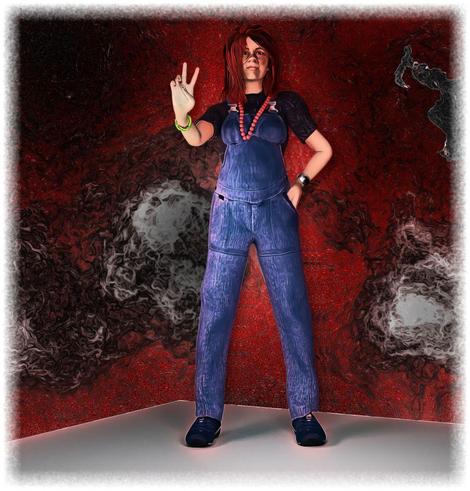 Eine Frau steht vor einer roten Wand mit Eruptionen, eine Hand in der Hosentasche ihrer Jeans-Latzhose, die andere zum Peace-Zeichen erhoben.

A woman stands in front of a red wall with eruptions, one hand in the pocket of her jeans dungarees, the other raised in a peace sign.