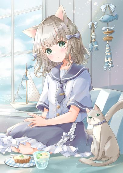 オリジナル 夏 セーラー服 猫と女の子 猫 女の子