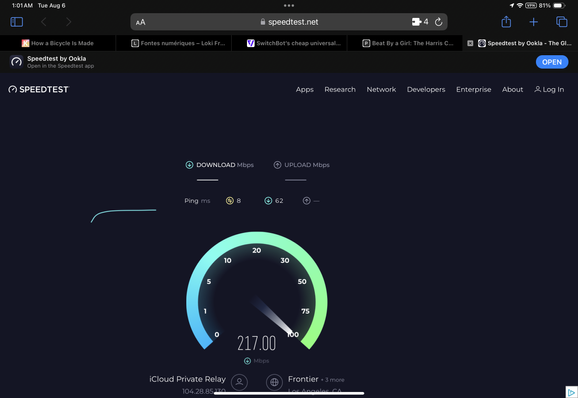The same Speedtest.com page, now with ads properly blocked. Vast meadows of open, unused space surround a comically small  internet speed test dial.