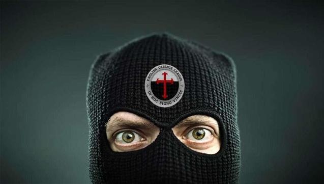 EDL member hiding under a balaclava