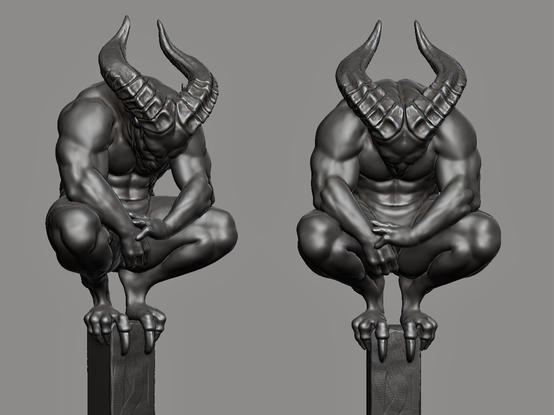 A screenshot made in the digital sculpting software ZBrush, showing a sculpture of a demon from two perspectives, on the left it shows it from a front-right perspective, on the right it is showing it from the front. The demon is squatting on a small platform and looking down. It has two large horns.