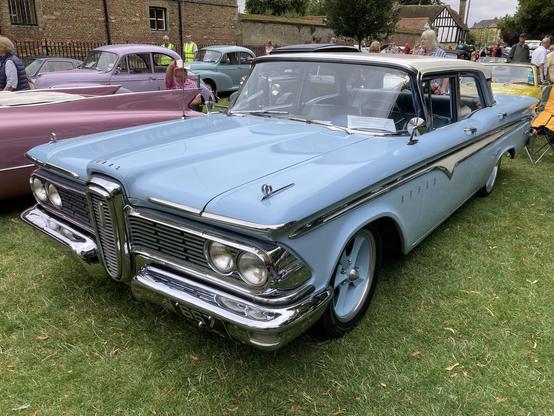 Two-tone light blue Edsel with a white roof, front quarter view