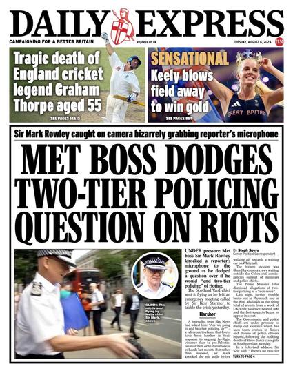 Daily Express front page extolling validity of two tier policing. 