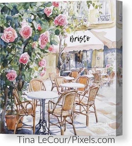 This is a watercolor canvas of a charming bristo with outdoor tables and wicker chairs seated next to a pretty climbing rose plant. 