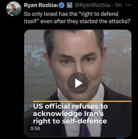 Israel has the “right to defend itself” even after they started the attacks but no statement on Iran’s right to self defense a tweet