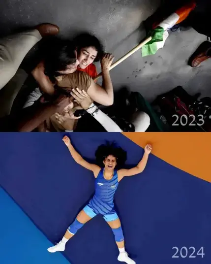 Indian Wrestler Vinesh Phogat protesting at Delhi against the sexual harassment in 2023 and winning the bout against olympic champion in 2024, entering the olympic finals.
