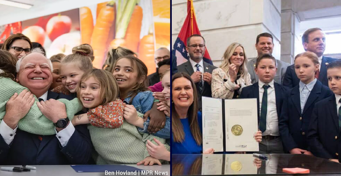 Contrast kid loving Gov. #TimWalz surrounded by kids from March 2023 when he signed a bill into law to provide breakfasts & lunches at no charge to students at participating schools 
https://www.mprnews.org/story/2023/03/17/gov-signs-universal-school-meals-bill-into-law 
Photo Ben Hovland, MPR News 
 
 Gov.  Sanders Signing the Arkansas LEARNS Act. Notable 
Photo Arkansas Governor Office 
Content prohibitions: NO CRT!!  

Then, in March 2023, Gov. Sanders loosened #ChildLabor laws in a bill that eliminated a requirement that the state verify the age of children under 16 before companies can hire them. 
https://www.nbcnews.com/politics/politics-news/arkansas-gov-sanders-signs-measure-rolling-back-child-labor-protection-rcna73977