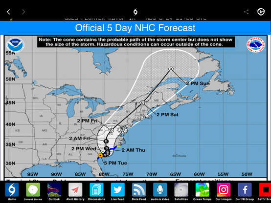 Tuesday 1700Q TS Debby track forecast guidance. She does wifferdills in the Carolina Bays, moseys northward toward Fayetteville, then bugs out to Ottawa. 