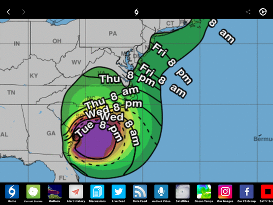 Tuesday evening forecast guidance for local onset of TS winds. For Norfolk and Virginia Beach, sometime Thursday. 