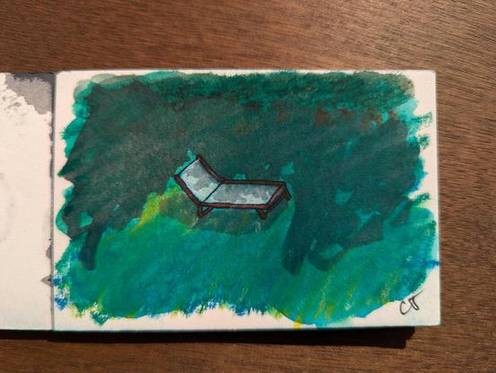 a top down photo of a small watercolor sketch of a sun chair with dappled shadows.