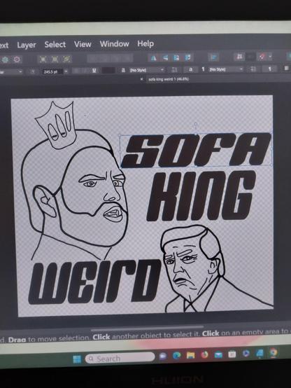 Line drawing of JD Vance wearing a sofa king crown and line drawing of Donald Trump with the words Sofa King Weird