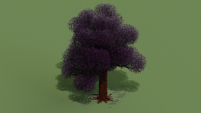 Voxel art of a tree with purple leaves on a green background.