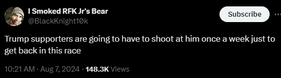 I Smoked RFK Jr's Bear @BlackKnight10k 

Trump supporters are going to have to shoot at him once a week just to get back in this race