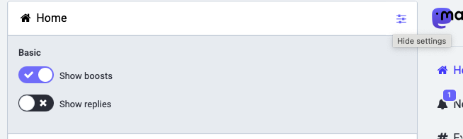 Mastodon browser interface settings menu to show or hide boosts and replies in home feed