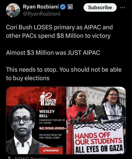 @RyanRozbiani Cori Bush LOSES primary as AIPAC and other PACs spend $8 Million to victory Almost $3 Million was JUST AIPAC This needs to stop. 