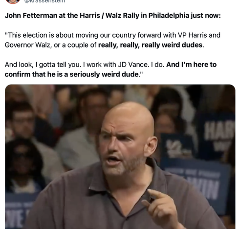 John Fetterman at the Harris / Walz Rally in Philadelphia just now:

