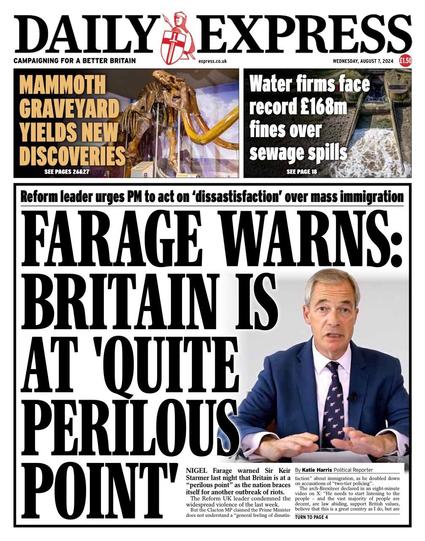 Front page of Express with Farage gloating that Britain is at a perilous point. 