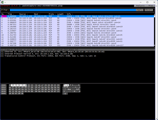 Screenshot of the text user interface from termshark showing a packet capture.