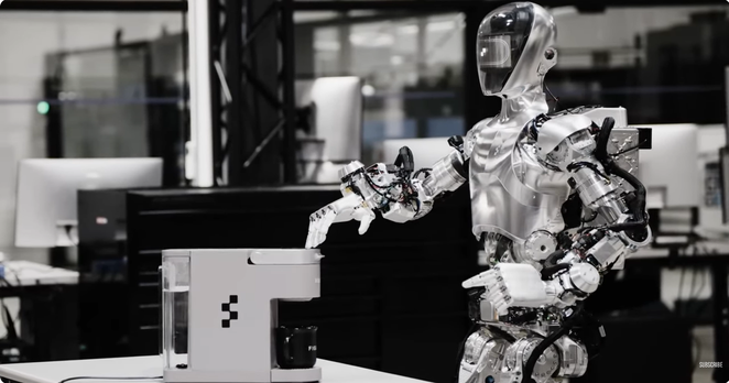 Video screenshot of a humanoid robot making coffee.