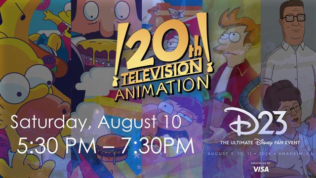 A fan-made flyer for the 20th Television Animation panel at Disney's D23 Expo, featuring Matt Groening (The Simpsons, Futurama), Seth MacFarlane (Family Guy), Mike Judge (Kirng of the Hill), and Loren Bouchard (Bob's Burgers), which is scheduled for August 10th from 5:30 to 7:30 p.m. PT