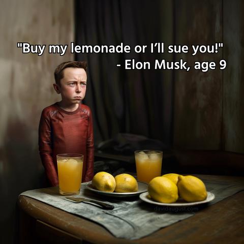 a young elon musk with a stern expression standing behind a table with a plate of lemons and two glasses of lemonade. The text at the top reads: 