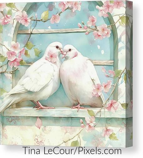 This is a canvas of two white doves snuggling together on the ledge of a window covered with tiny pink blossom flowers. 