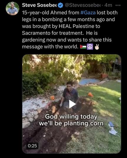 15-year-old Ahmed from #Gaza lost both legs in a bombing a few months ago and was brought by HEAL Palestine to Sacramento for treatment. Heis gardening now and wants to share this message 