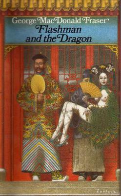 book cover showing a man in traditional Chinese mandarin dress holding a yellow fan, and a mostly naked woman with peacock feathers, a yellow fan, and bound feet, being carried by a servant. it's Flashman and the Dragon, by George MacDonald Frasier.